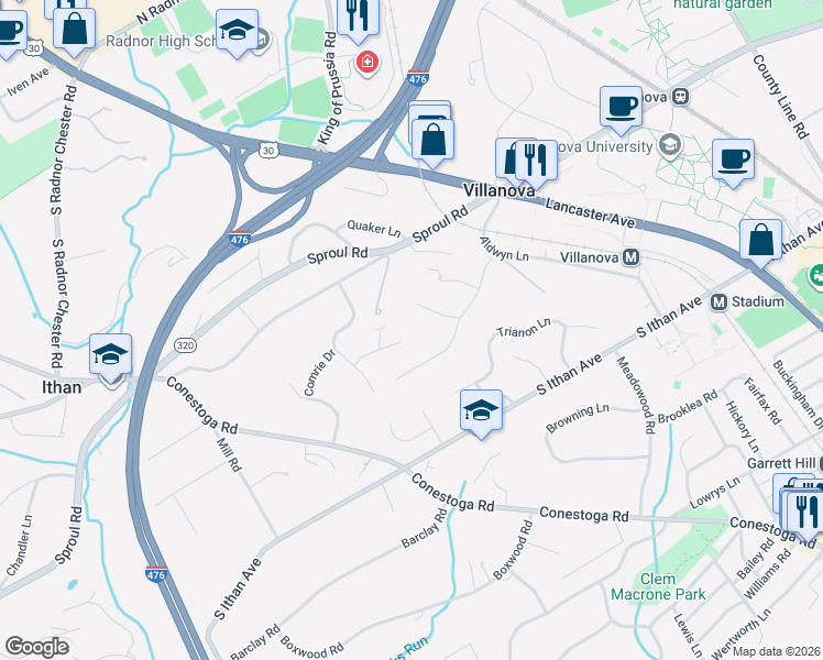 map of restaurants, bars, coffee shops, grocery stores, and more near 174 Vassar Circle in Villanova