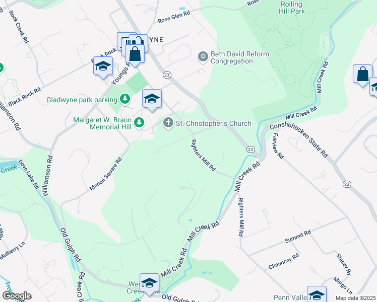 map of restaurants, bars, coffee shops, grocery stores, and more near 120 Righters Mill Road in Gladwyne