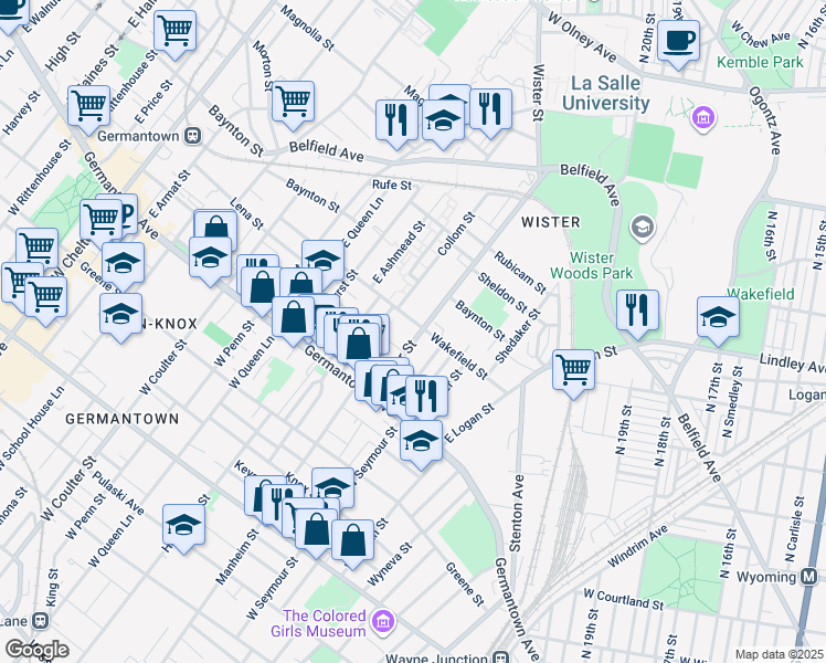 map of restaurants, bars, coffee shops, grocery stores, and more near 93 East Wister Street in Philadelphia