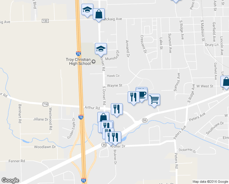 map of restaurants, bars, coffee shops, grocery stores, and more near 1559 Williamsburg Place in Troy