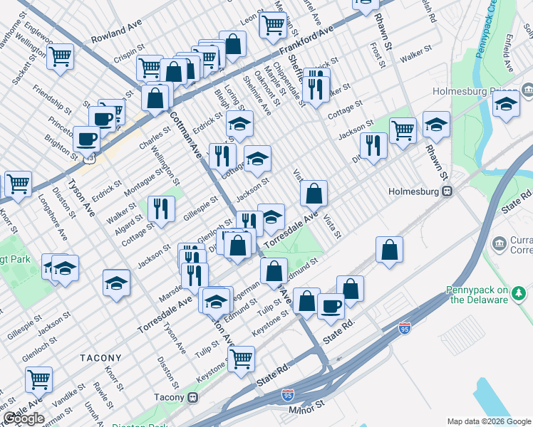 map of restaurants, bars, coffee shops, grocery stores, and more near 4555 Aldine Street in Philadelphia