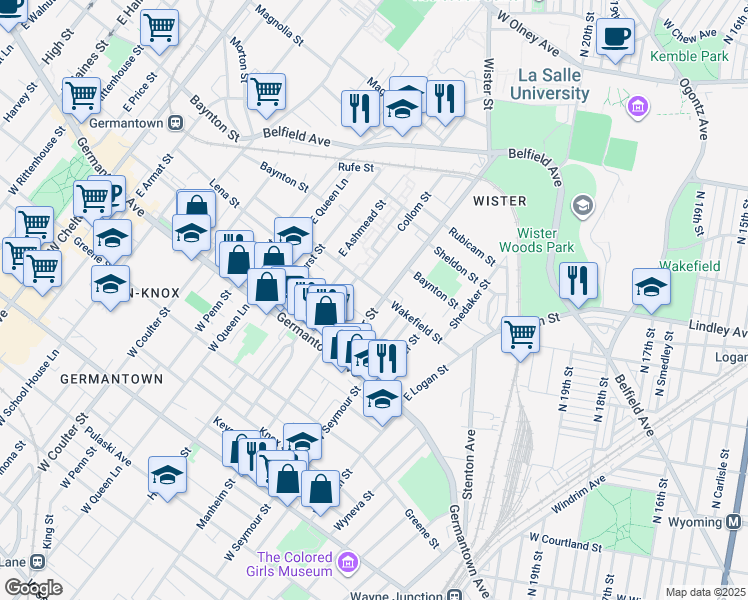 map of restaurants, bars, coffee shops, grocery stores, and more near 93 East Wister Street in Philadelphia