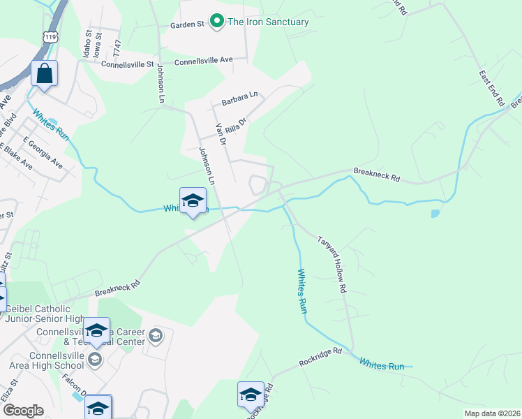map of restaurants, bars, coffee shops, grocery stores, and more near 420 Breakneck Rd in Connellsville
