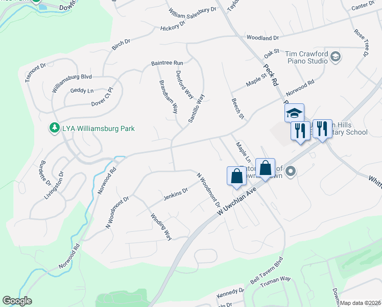 map of restaurants, bars, coffee shops, grocery stores, and more near 750 Norwood Road in Downingtown
