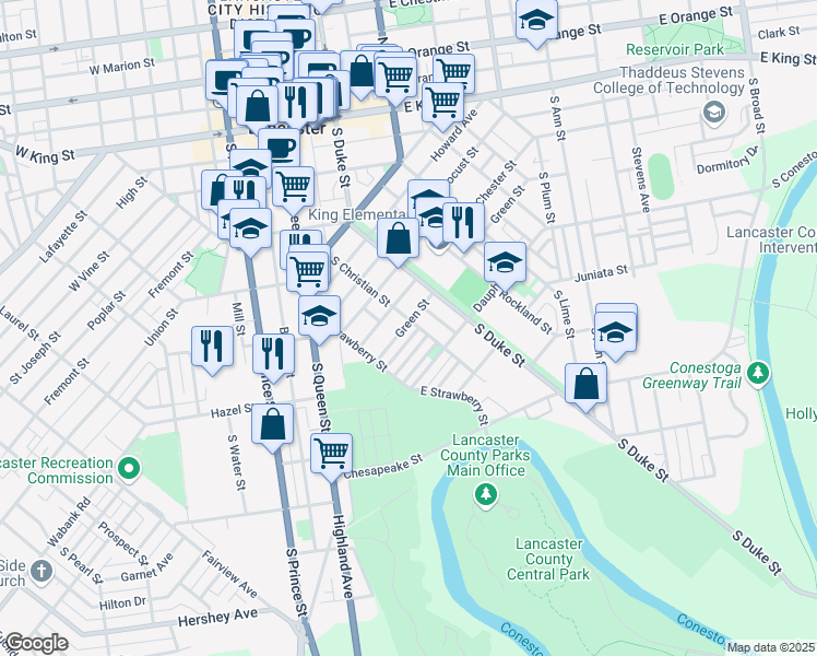 map of restaurants, bars, coffee shops, grocery stores, and more near 503 Green Street in Lancaster
