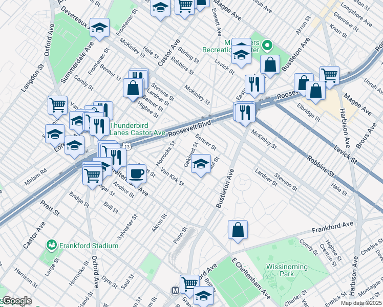 map of restaurants, bars, coffee shops, grocery stores, and more near Oakland Street in Philadelphia