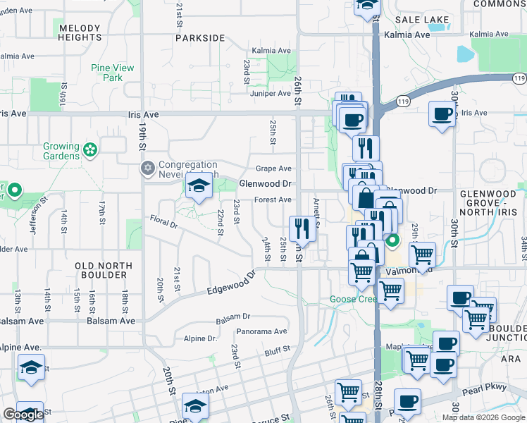 map of restaurants, bars, coffee shops, grocery stores, and more near 3135 Fremont Street in Boulder