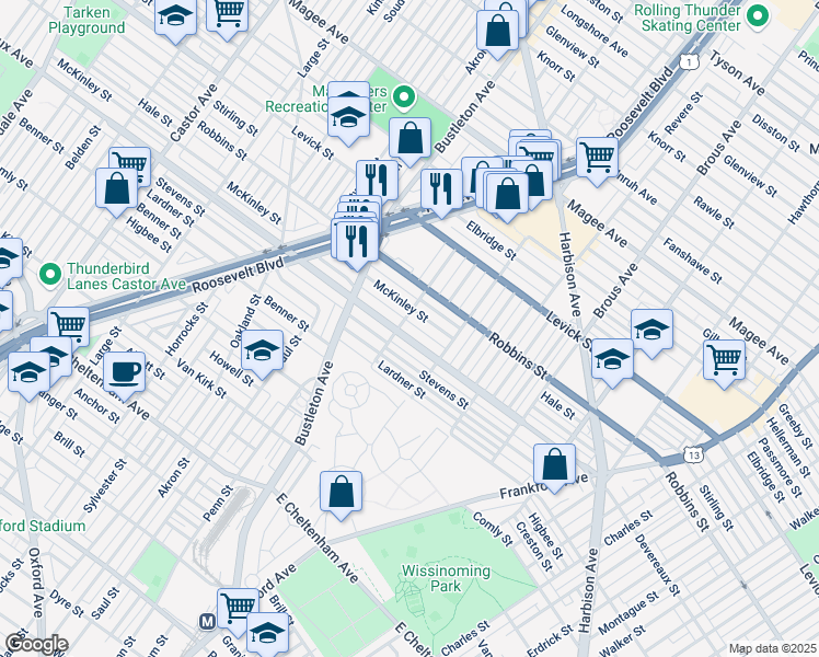 map of restaurants, bars, coffee shops, grocery stores, and more near 2107 Devereaux Avenue in Philadelphia