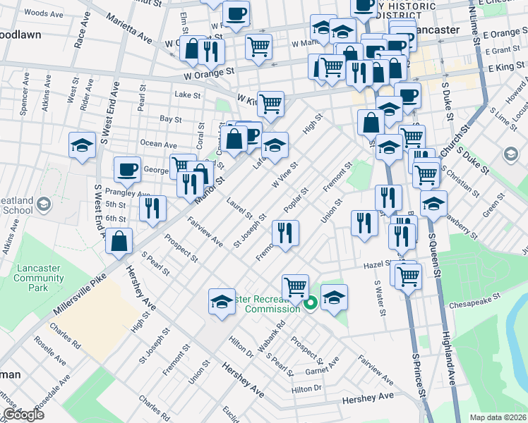 map of restaurants, bars, coffee shops, grocery stores, and more near 642 Saint Joseph Street in Lancaster