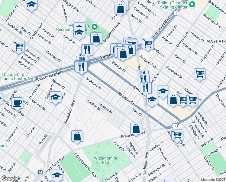 map of restaurants, bars, coffee shops, grocery stores, and more near 6253 Farnsworth Street in Philadelphia