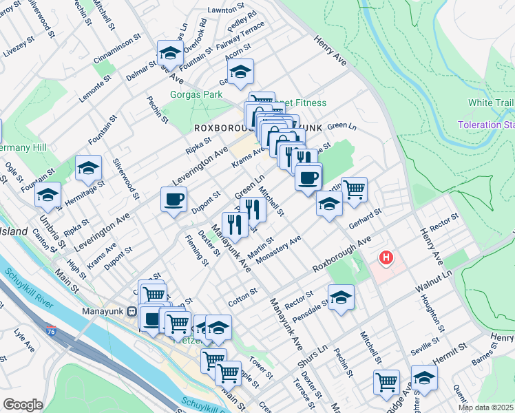 map of restaurants, bars, coffee shops, grocery stores, and more near 431 Conarroe Street in Philadelphia