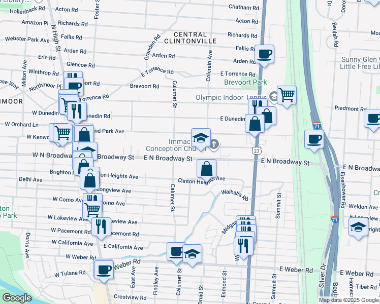 map of restaurants, bars, coffee shops, grocery stores, and more near 306 East North Broadway Street in Columbus