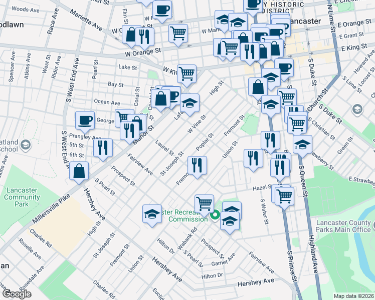 map of restaurants, bars, coffee shops, grocery stores, and more near 654 Saint Joseph Street in Lancaster