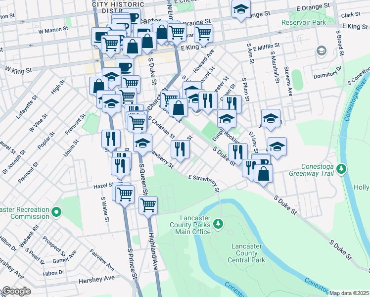 map of restaurants, bars, coffee shops, grocery stores, and more near 501 Green Street in Lancaster