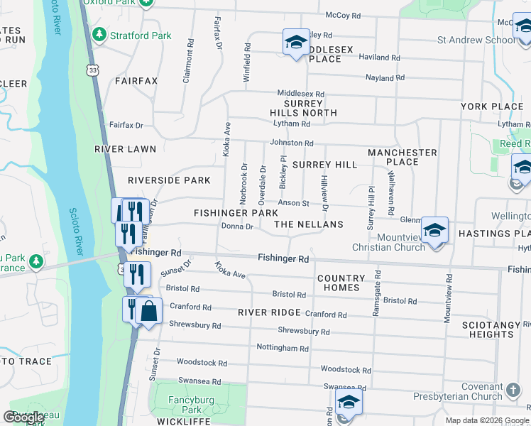 map of restaurants, bars, coffee shops, grocery stores, and more near 3800 Overdale Drive in Columbus