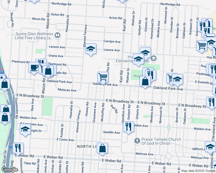 map of restaurants, bars, coffee shops, grocery stores, and more near 1247 Oakland Park Avenue in Columbus