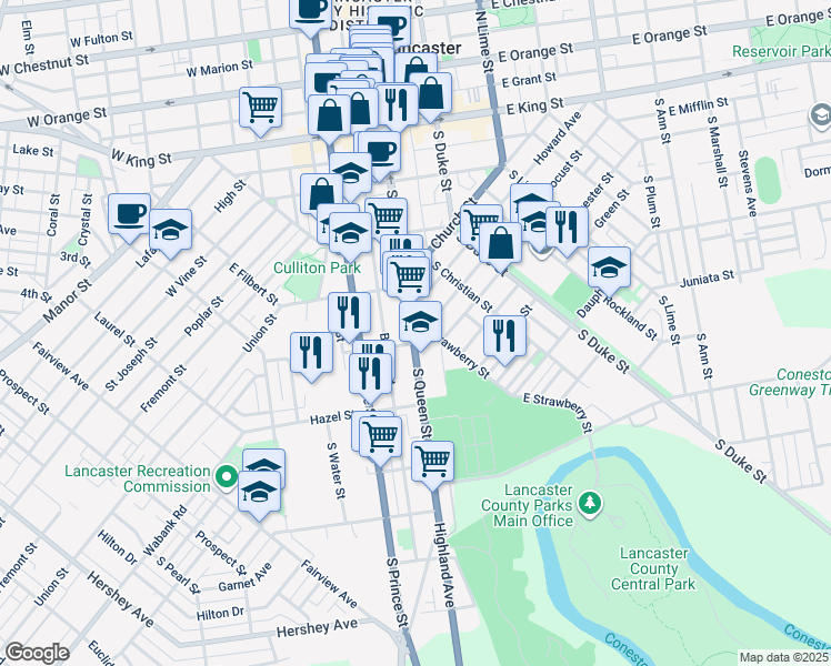 map of restaurants, bars, coffee shops, grocery stores, and more near 357 South Queen Street in Lancaster
