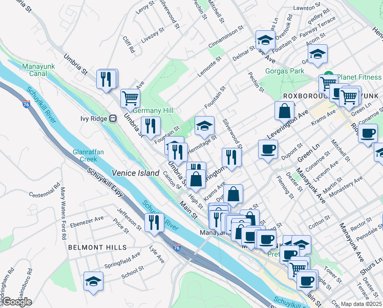 map of restaurants, bars, coffee shops, grocery stores, and more near 219 Hermitage Street in Philadelphia