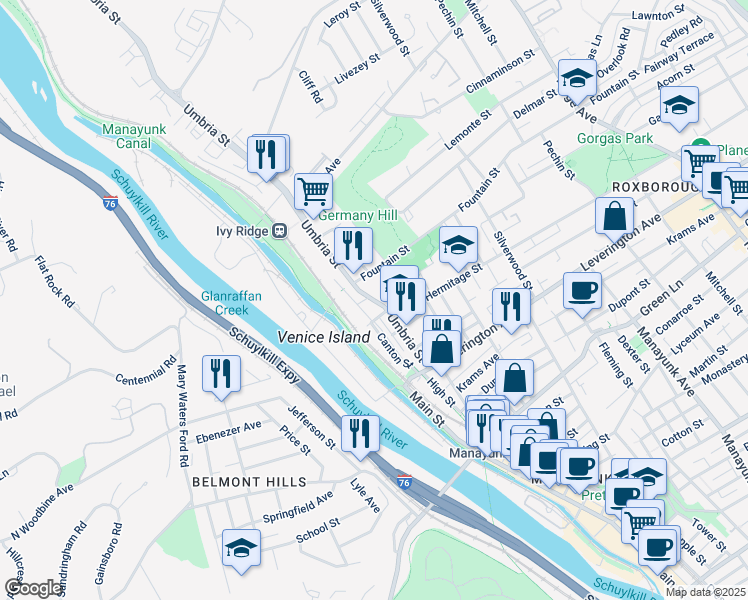 map of restaurants, bars, coffee shops, grocery stores, and more near Umbria St & Alden Ave in Philadelphia