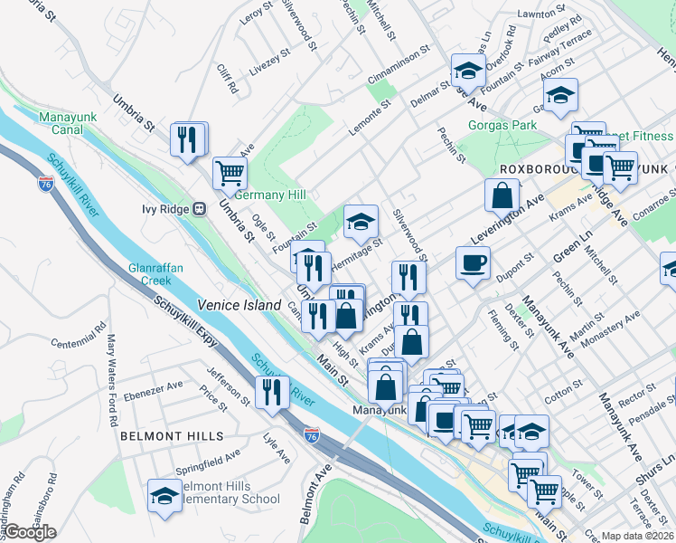 map of restaurants, bars, coffee shops, grocery stores, and more near 210 Hermitage Street in Philadelphia