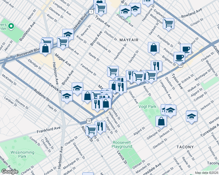 map of restaurants, bars, coffee shops, grocery stores, and more near 3158 Fanshawe Street in Philadelphia