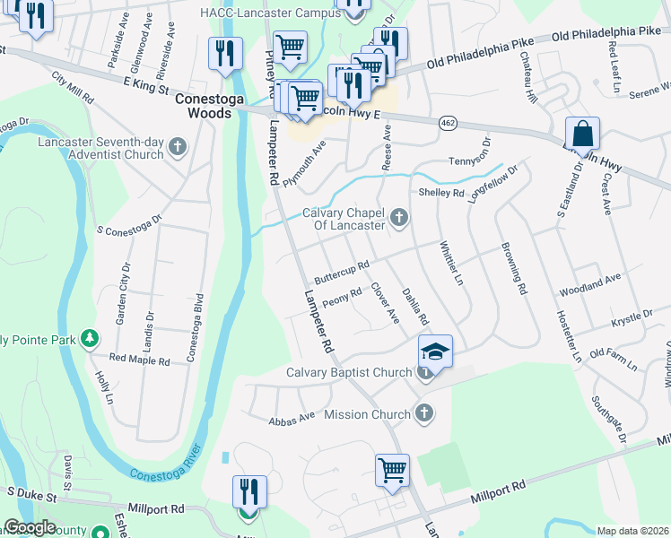 map of restaurants, bars, coffee shops, grocery stores, and more near 1611 Buttercup Rd in Lancaster