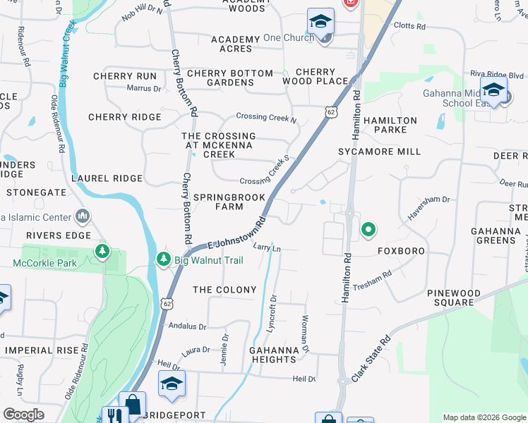 map of restaurants, bars, coffee shops, grocery stores, and more near 533 U.S. 62 in Gahanna