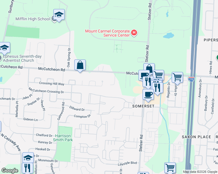 map of restaurants, bars, coffee shops, grocery stores, and more near 2870 Merwin Hill Drive in Columbus