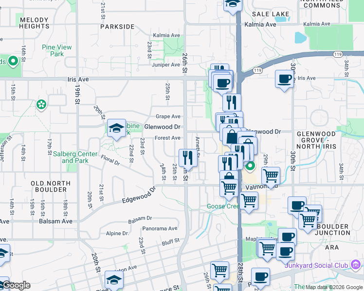 map of restaurants, bars, coffee shops, grocery stores, and more near 3140 25th Street in Boulder