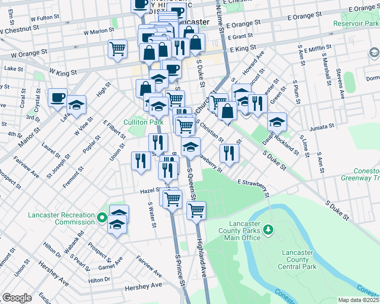 map of restaurants, bars, coffee shops, grocery stores, and more near 357 South Queen Street in Lancaster