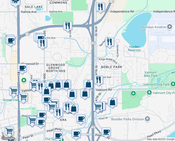 map of restaurants, bars, coffee shops, grocery stores, and more near 3080 Center Green Drive in Boulder