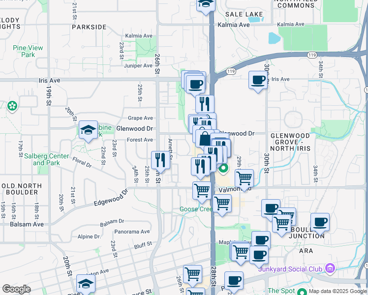 map of restaurants, bars, coffee shops, grocery stores, and more near 3196 Westwood Court in Boulder