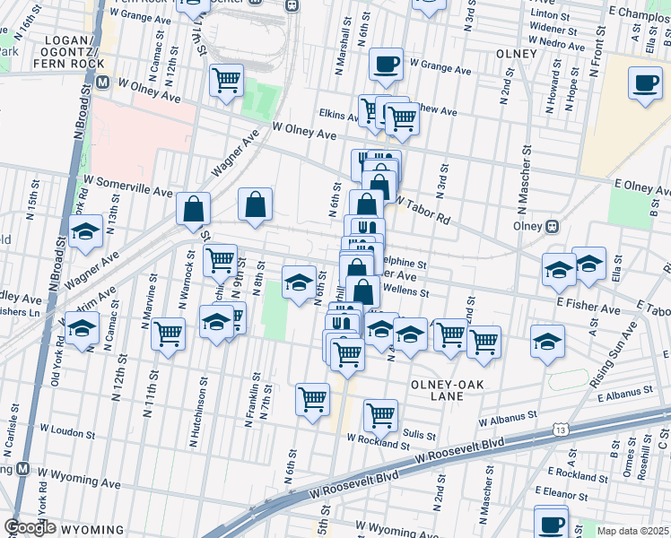 map of restaurants, bars, coffee shops, grocery stores, and more near 538 West Fisher Avenue in Philadelphia