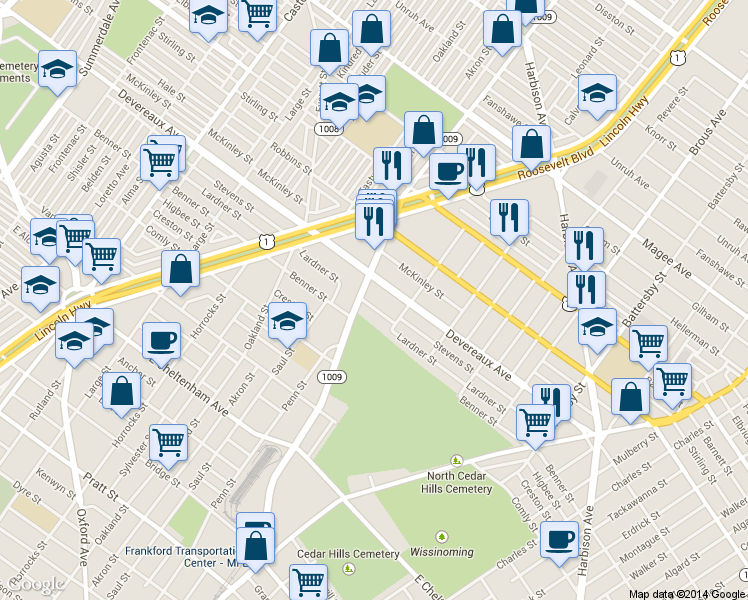 map of restaurants, bars, coffee shops, grocery stores, and more near 2013 Lardner Street in Philadelphia