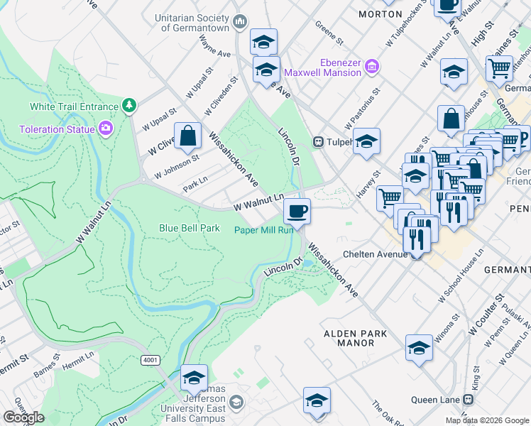 map of restaurants, bars, coffee shops, grocery stores, and more near 700 West Walnut Lane in Philadelphia