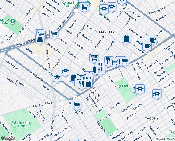 map of restaurants, bars, coffee shops, grocery stores, and more near 3139 Magee Avenue in Philadelphia
