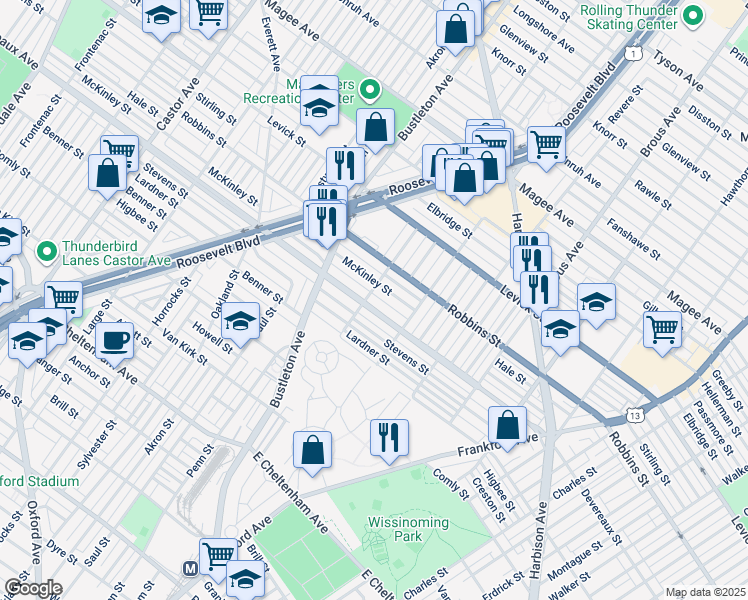 map of restaurants, bars, coffee shops, grocery stores, and more near 2105 Devereaux Avenue in Philadelphia