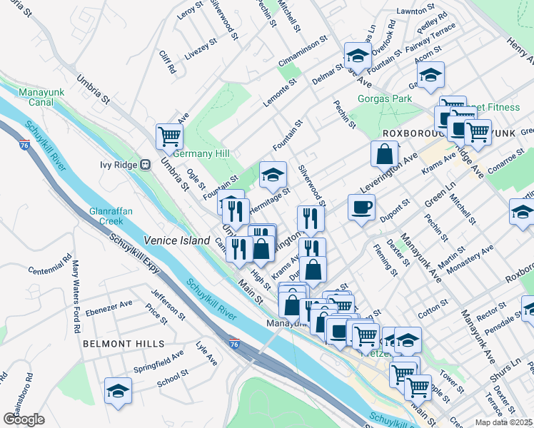 map of restaurants, bars, coffee shops, grocery stores, and more near 4645 Mansion Street in Philadelphia