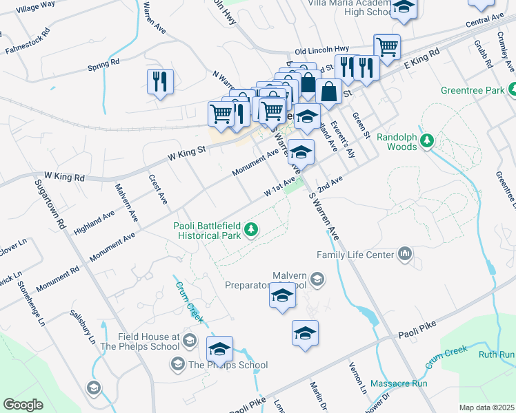 map of restaurants, bars, coffee shops, grocery stores, and more near 144 West 1st Avenue in Malvern