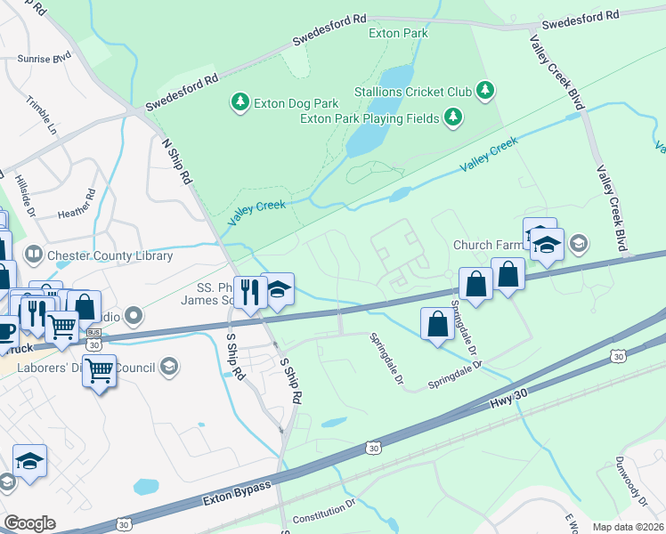 map of restaurants, bars, coffee shops, grocery stores, and more near 14 Lochiel Lane in Exton