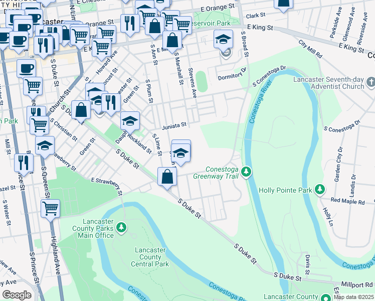 map of restaurants, bars, coffee shops, grocery stores, and more near 431 South Ann Street in Lancaster