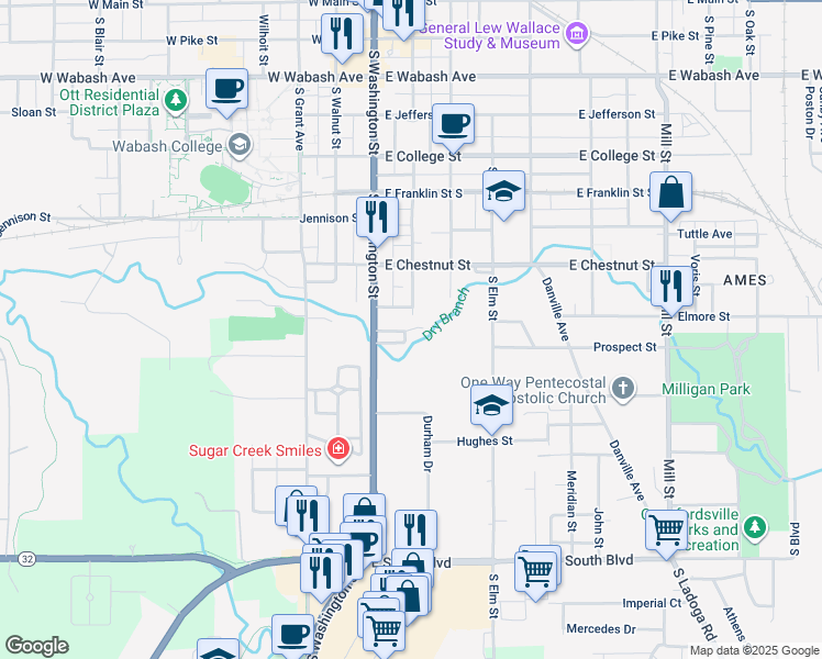 map of restaurants, bars, coffee shops, grocery stores, and more near 902 South Washington Street in Crawfordsville