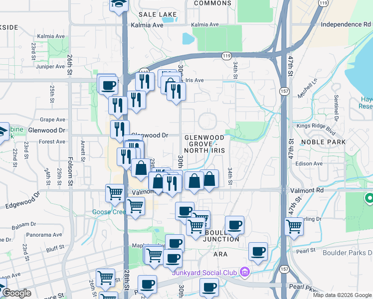 map of restaurants, bars, coffee shops, grocery stores, and more near in Boulder