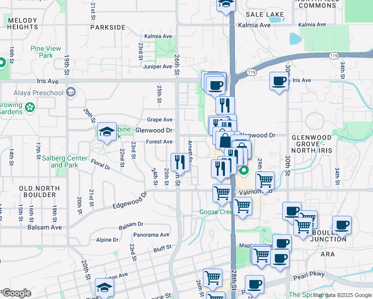 map of restaurants, bars, coffee shops, grocery stores, and more near 3145 Arnett Street in Boulder