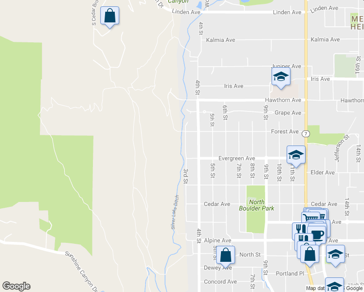 map of restaurants, bars, coffee shops, grocery stores, and more near 3160 3rd Street in Boulder