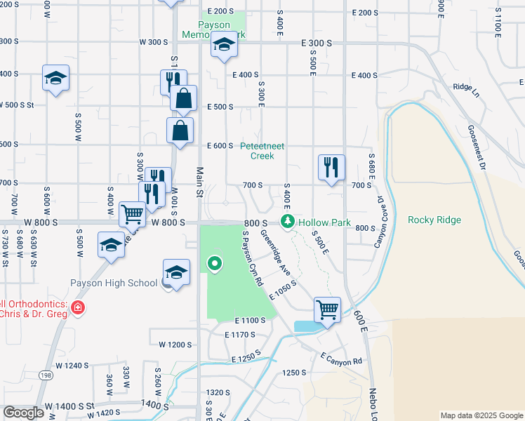 map of restaurants, bars, coffee shops, grocery stores, and more near 244 Jay Lane in Payson