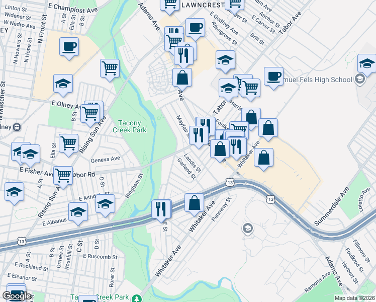 map of restaurants, bars, coffee shops, grocery stores, and more near 5231 North Tabor Road in Philadelphia