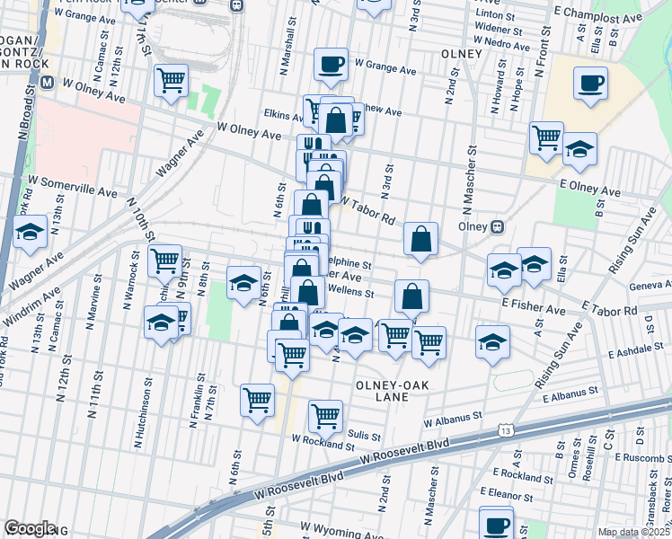 map of restaurants, bars, coffee shops, grocery stores, and more near 431 West Fisher Avenue in Philadelphia