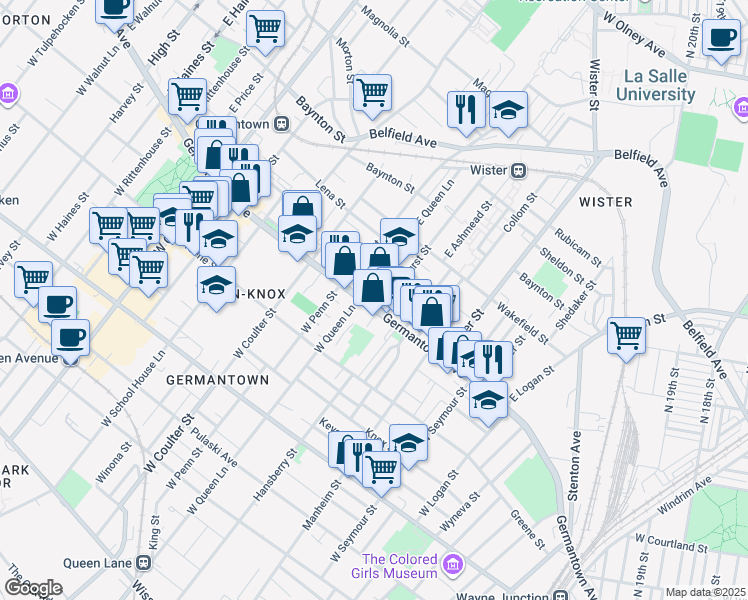 map of restaurants, bars, coffee shops, grocery stores, and more near 5261 Germantown Avenue in Philadelphia