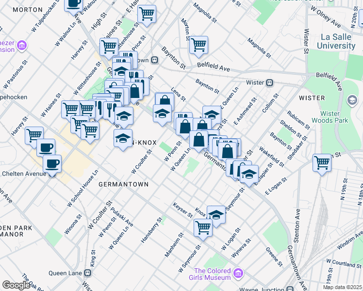 map of restaurants, bars, coffee shops, grocery stores, and more near 1 Penn Court in Philadelphia